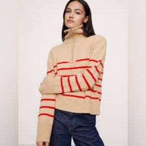 Banana Republic Cream Striped 100% Cashmere Quarter-Zip sweater size Medium chic